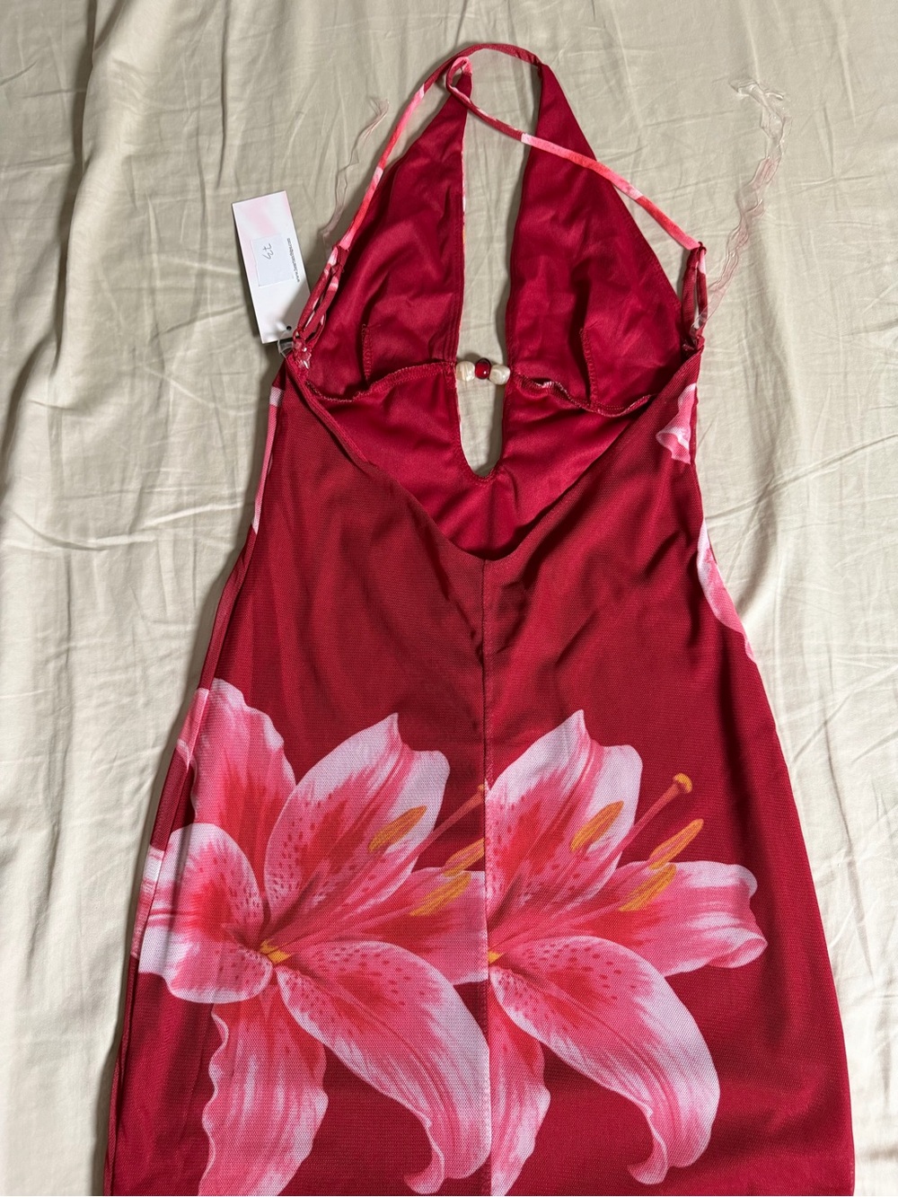 Amazon Red Backless Halter Dress with Pink Floral Print